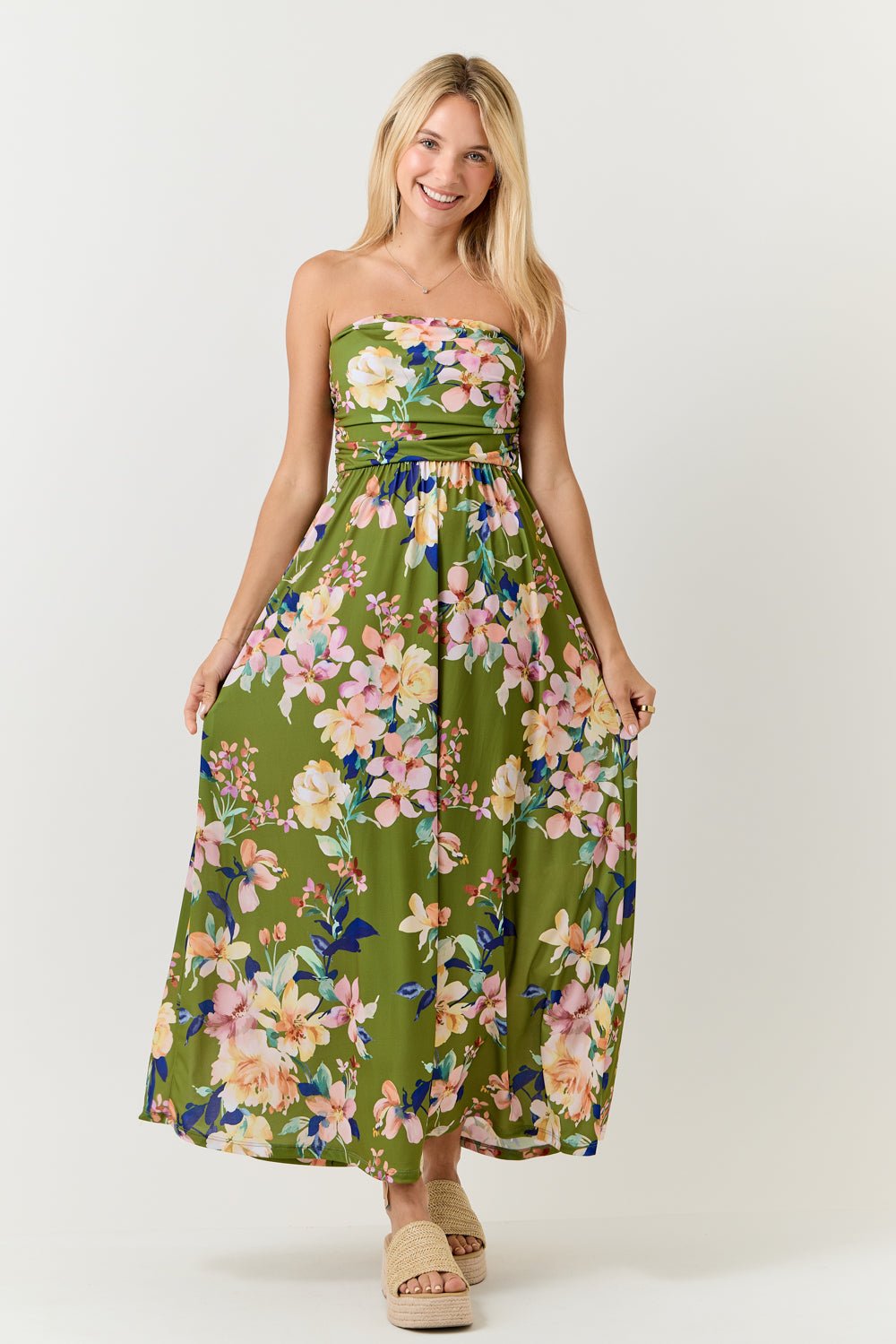 Image of West K Jones Tube Maxi Dress Army Green Pink Floral