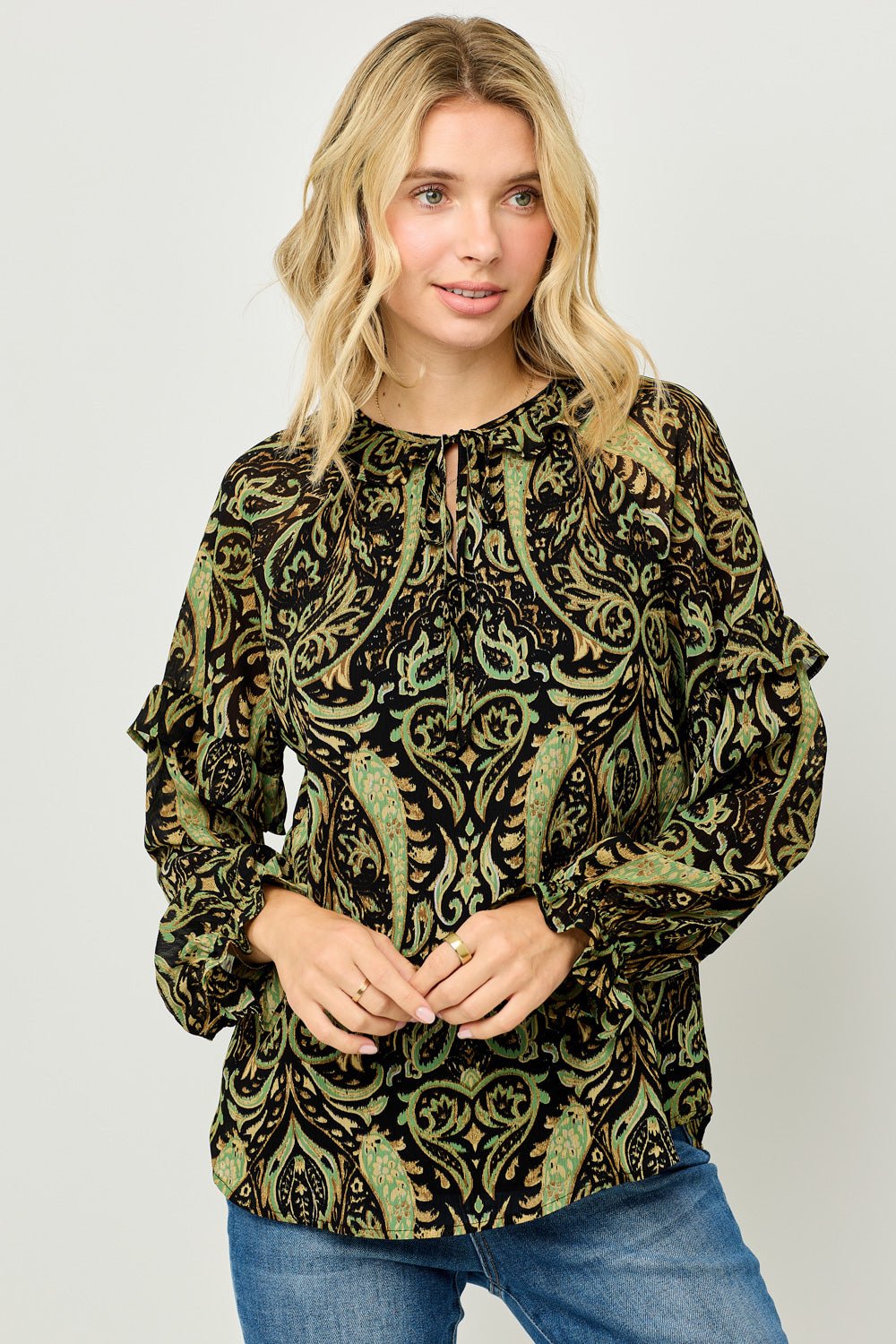 Image of West K Jovienne Ruffle Sleeve Chiffon Top Olive Black Paisley