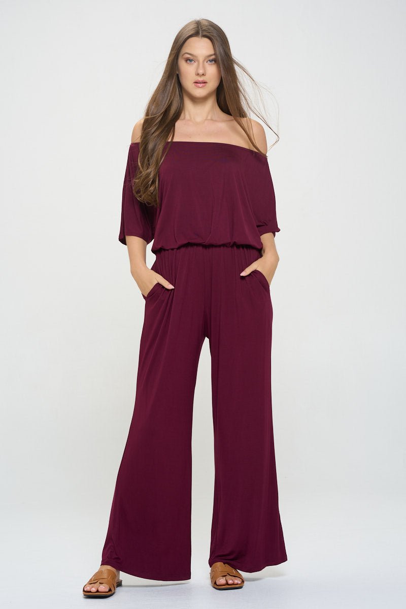Image of West K Joy Off The Shoulder Wide Leg Jumpsuit Wine