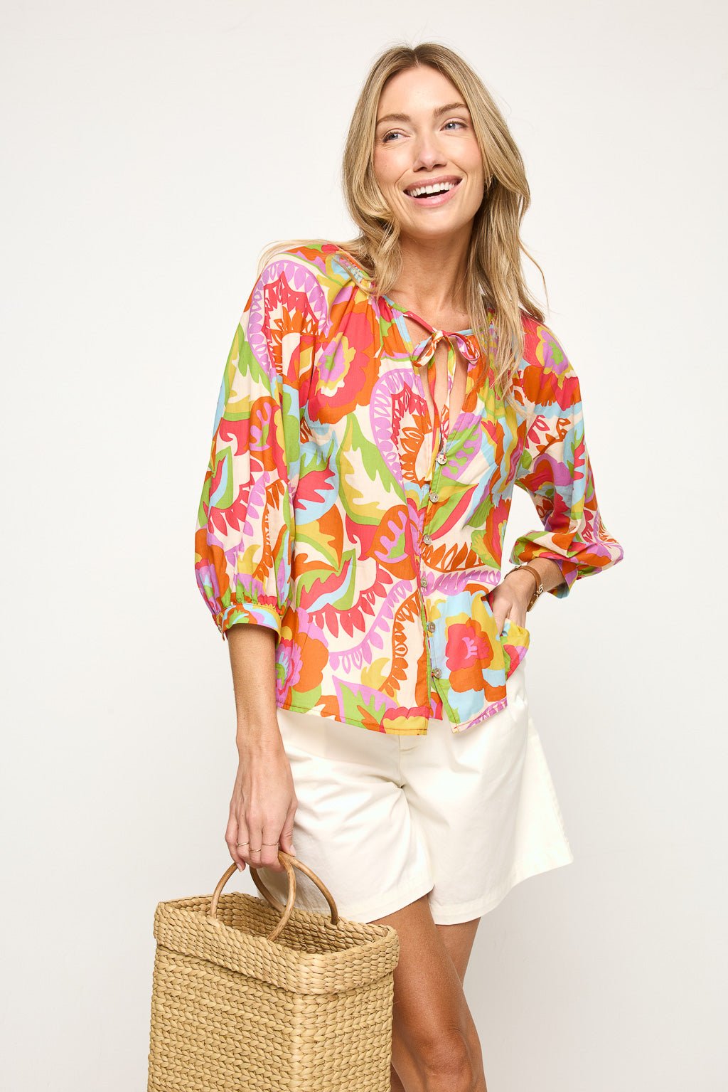 Image of West K Juno Three Quarter Sleeve Button Down Top Orange Floral