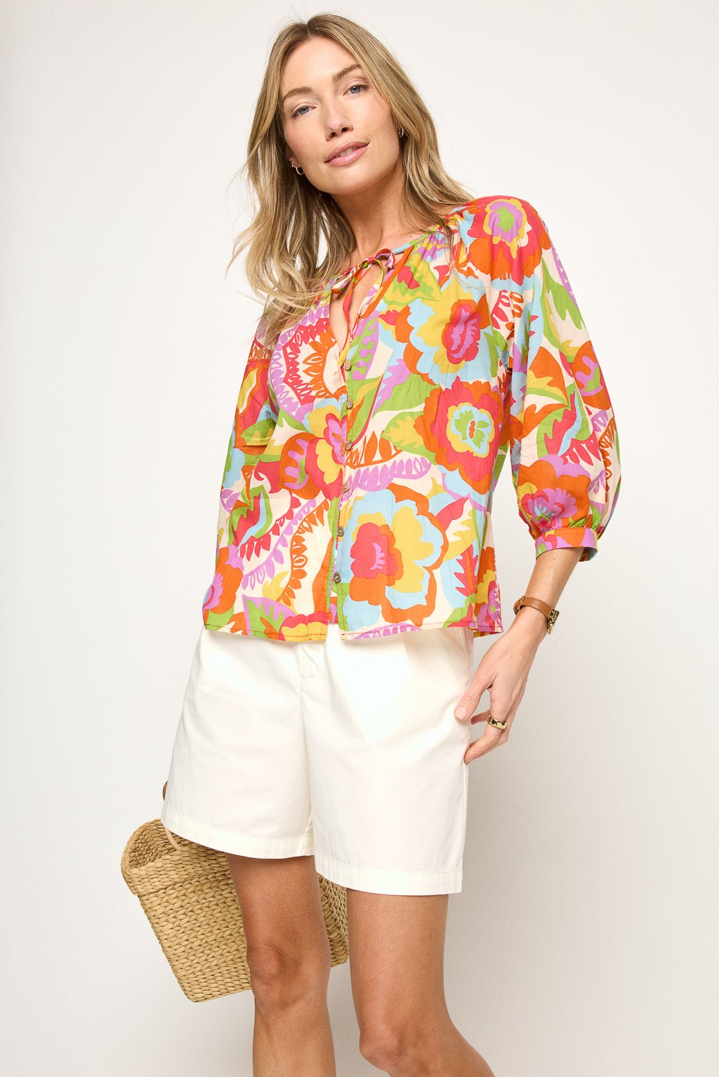 Image of West K Juno Three Quarter Sleeve Button Down Top Orange Floral