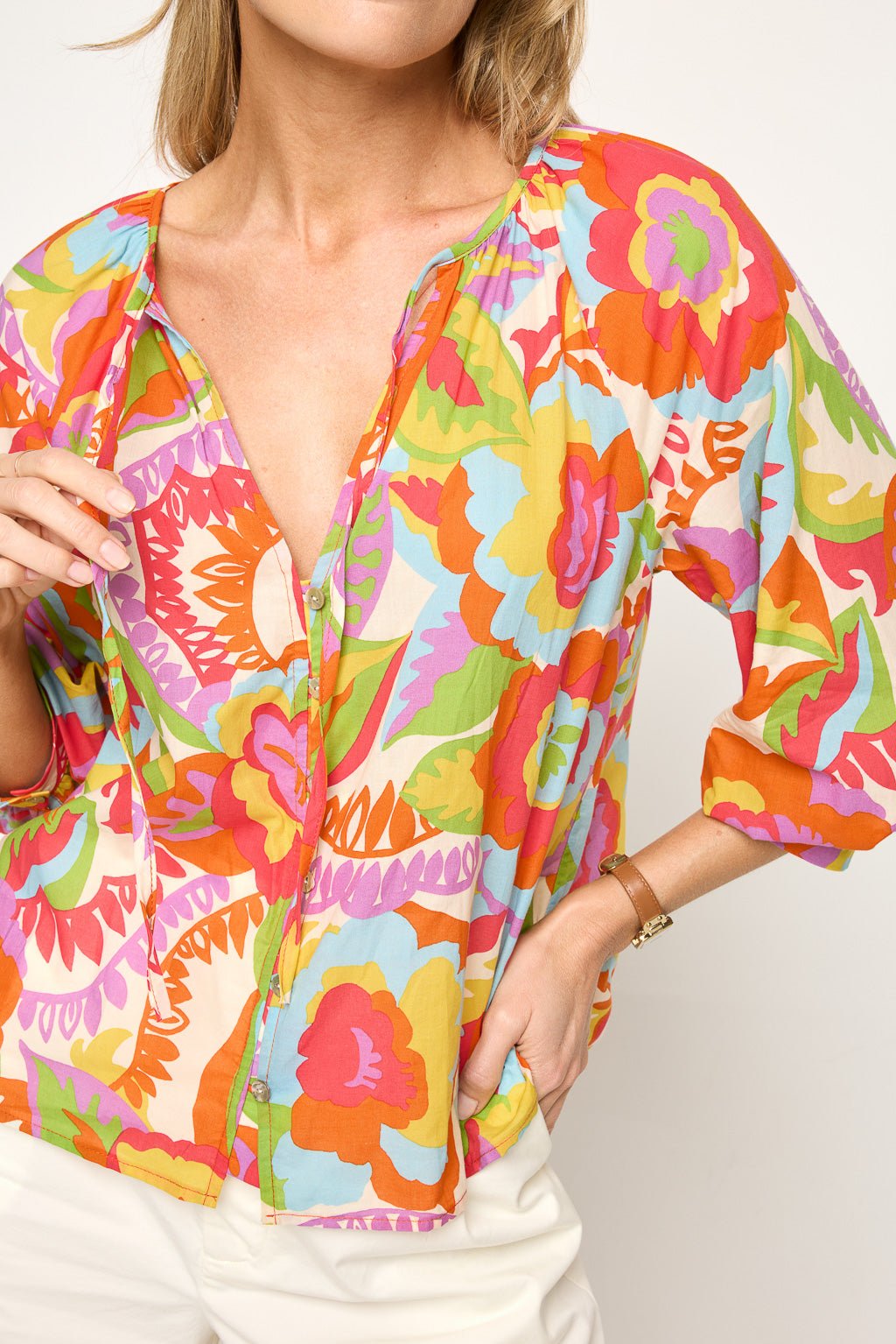 Image of West K Juno Three Quarter Sleeve Button Down Top Orange Floral