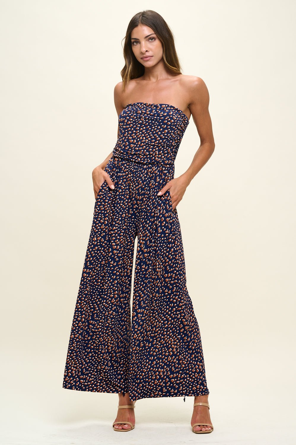 Image of West K Kara Strapless Knit Jumpsuit Navy Animal