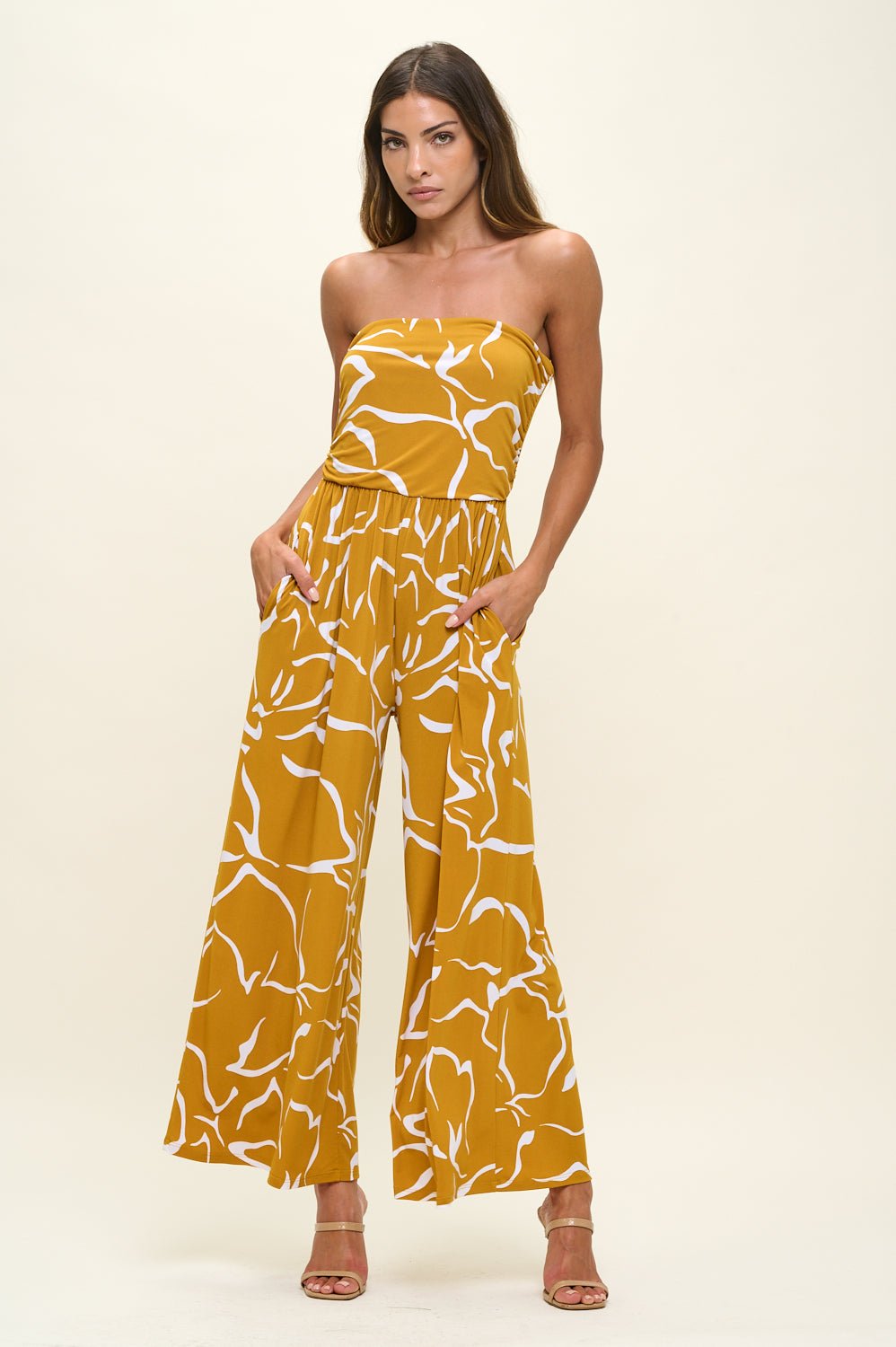 Image of West K Kara Strapless Knit Jumpsuit Yellow Abstract