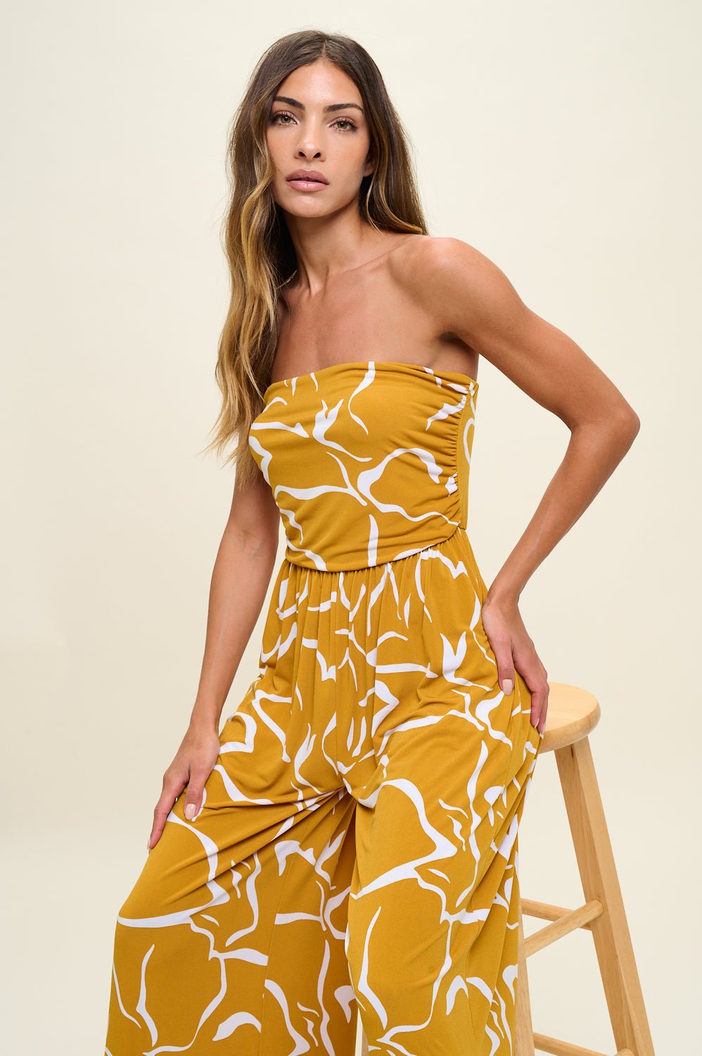 Image of West K Kara Strapless Knit Jumpsuit Yellow Abstract