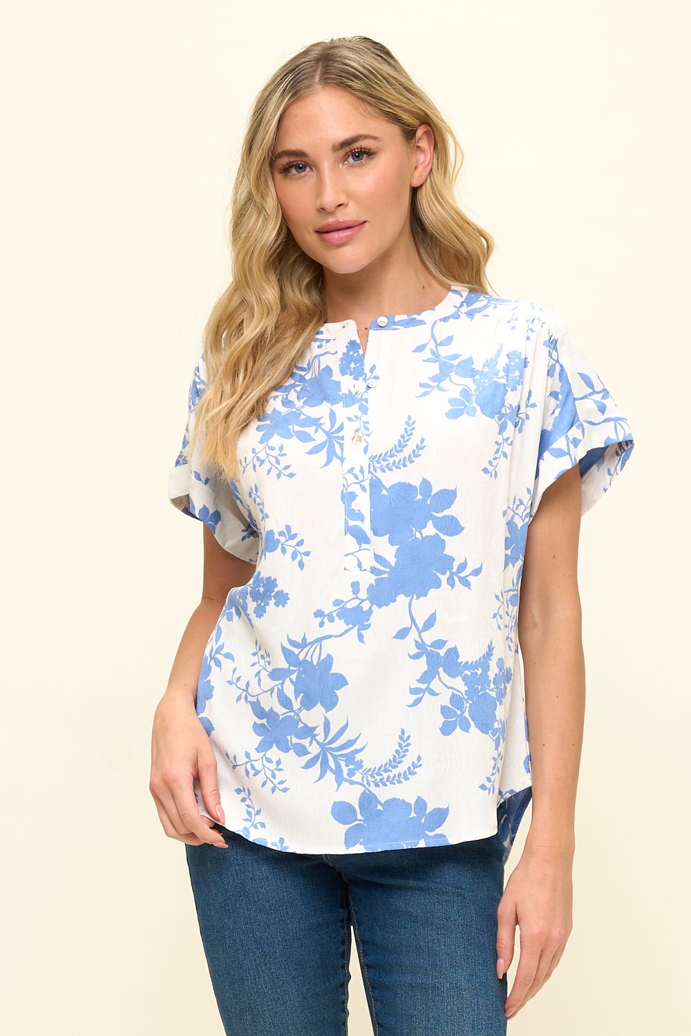 Image of West K Kyla Jacquard Floral Notch Neck Blouse Lt Blue Floral
