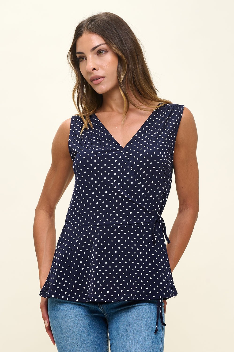 Image of West K Laura Sleeveless Surplice Knit Top Navy Dot