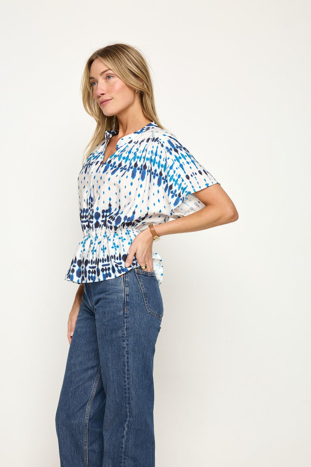 Image of West K Layla Dolman Sleeve Peplum Hem Top Blue Geo Border