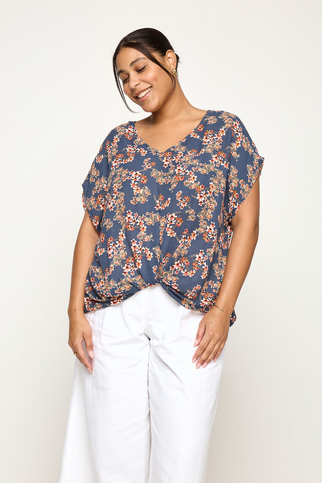 Image of West K Leah Plus Size Short Sleeve Woven Top Steel Blue Daisy