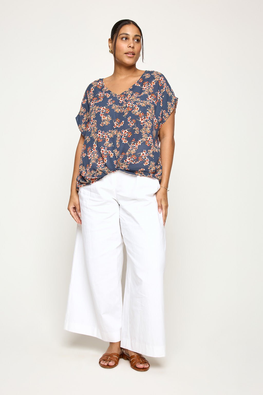 Image of West K Leah Plus Size Short Sleeve Woven Top Steel Blue Daisy
