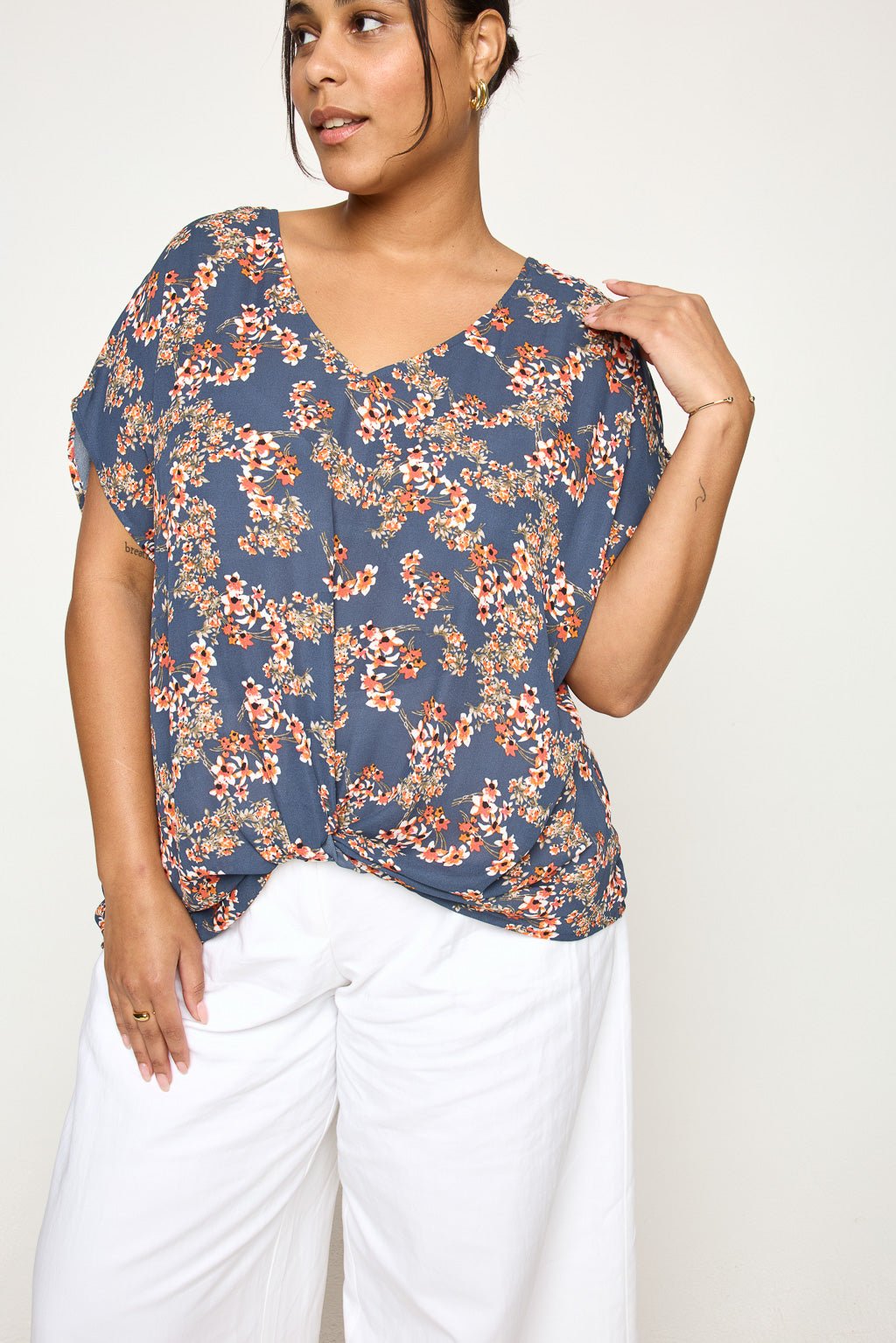 Image of West K Leah Plus Size Short Sleeve Woven Top Steel Blue Daisy