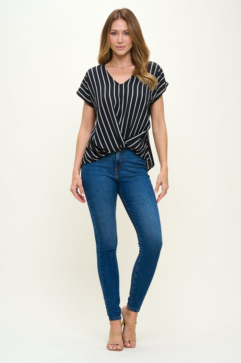 Image of West K Leah Short Sleeve Woven Top Black White Stripe