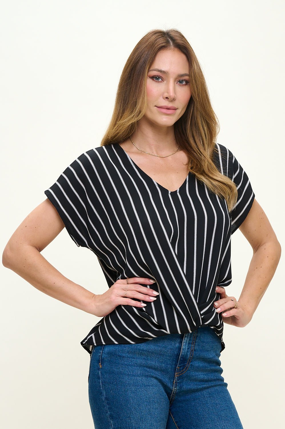 Image of West K Leah Short Sleeve Woven Top Black White Stripe