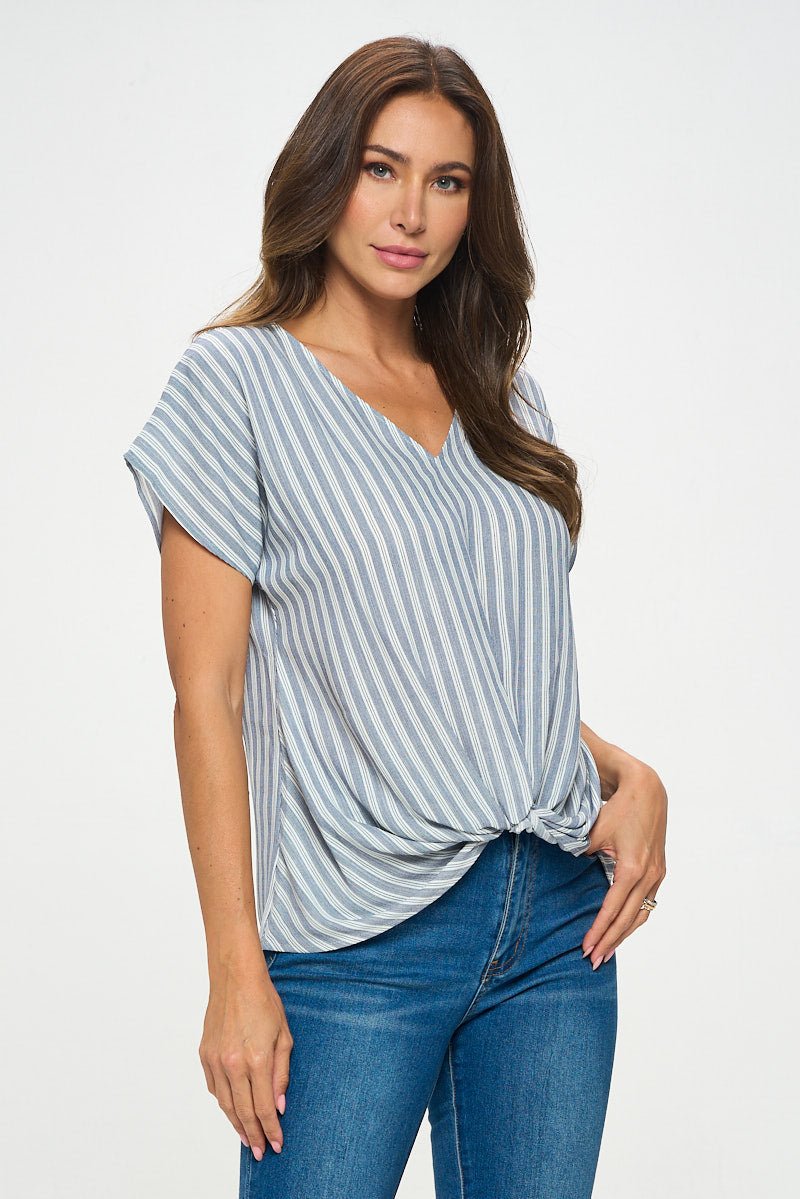 Image of West K Leah Short Sleeve Woven Top Blue White Stripe
