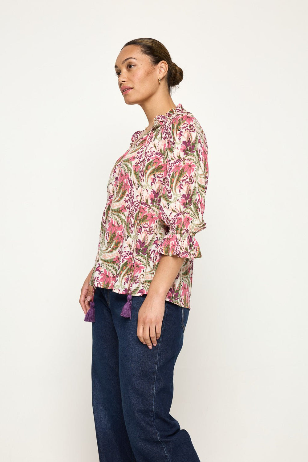 Image of West K Liana Three Quarter Sleeve Blouse with Tassels Mauve Floral