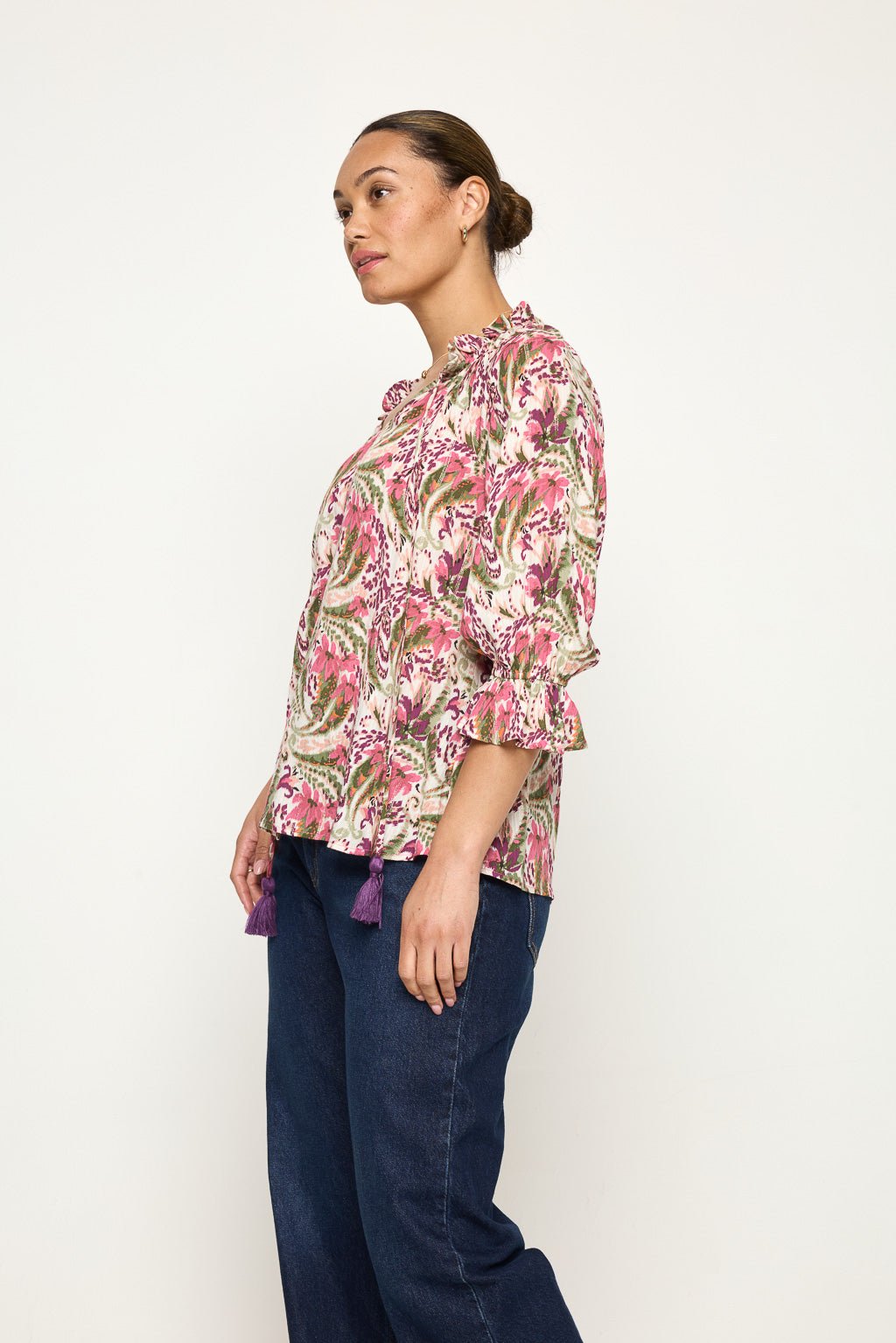 Image of West K Liana Three Quarter Sleeve Blouse with Tassels Mauve Floral