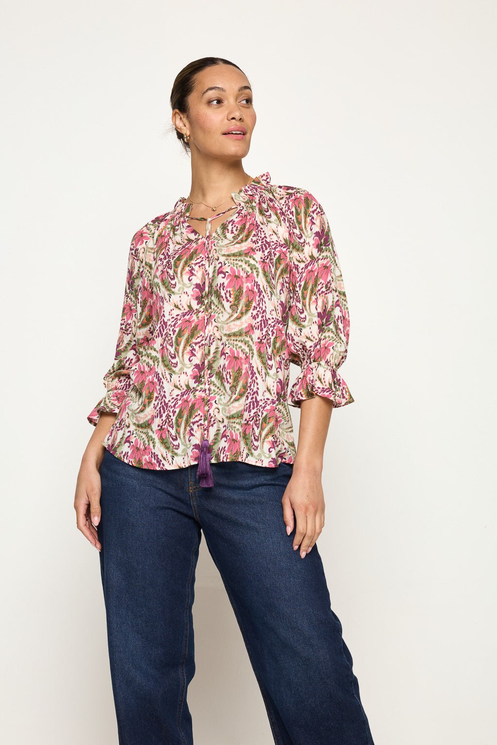 Image of West K Liana Three Quarter Sleeve Blouse with Tassels Mauve Floral