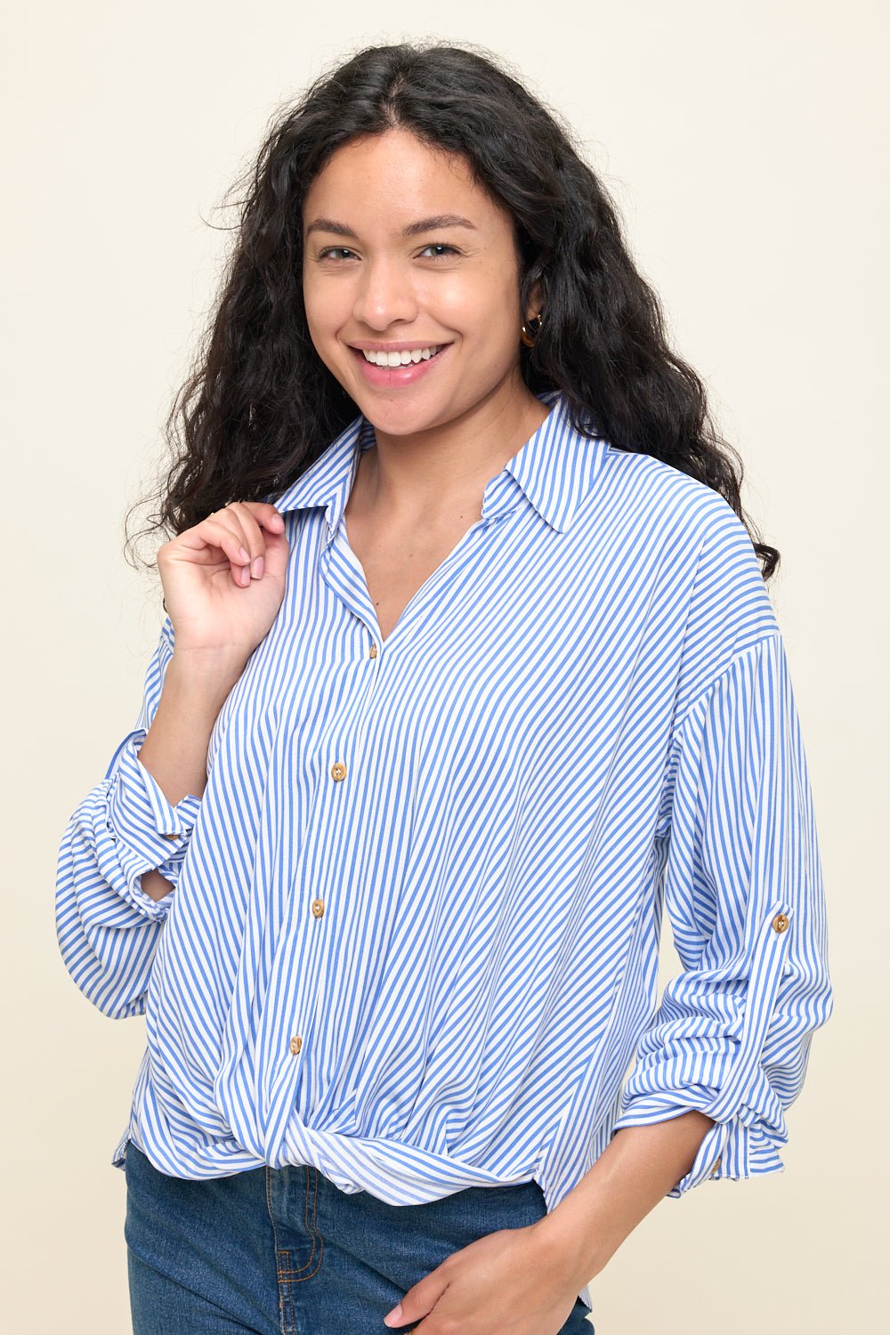 Image of West K Liora Stripe Button - Up Twist Front Shirt Blue Stripe