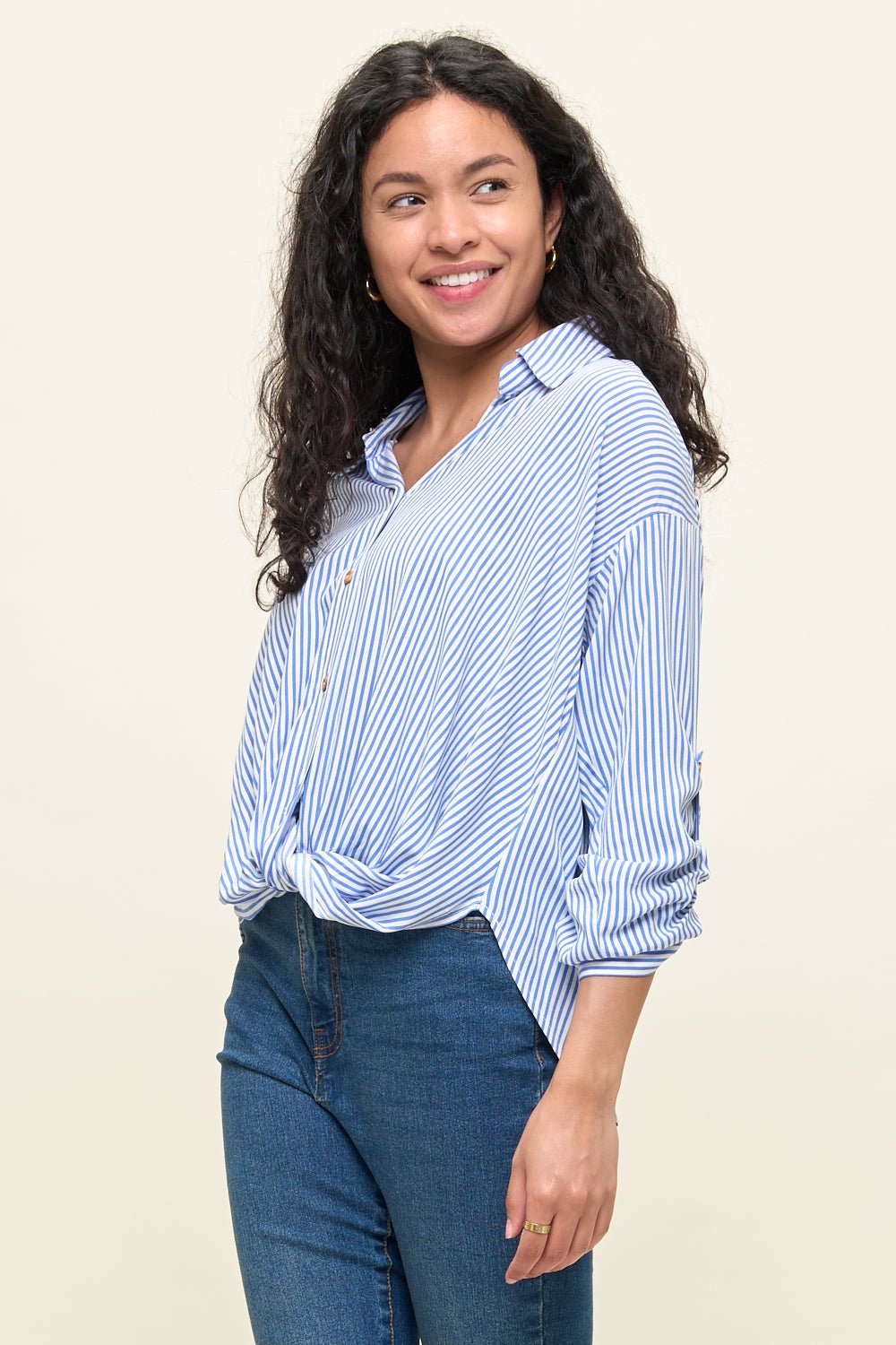 Image of West K Liora Stripe Button - Up Twist Front Shirt Blue Stripe