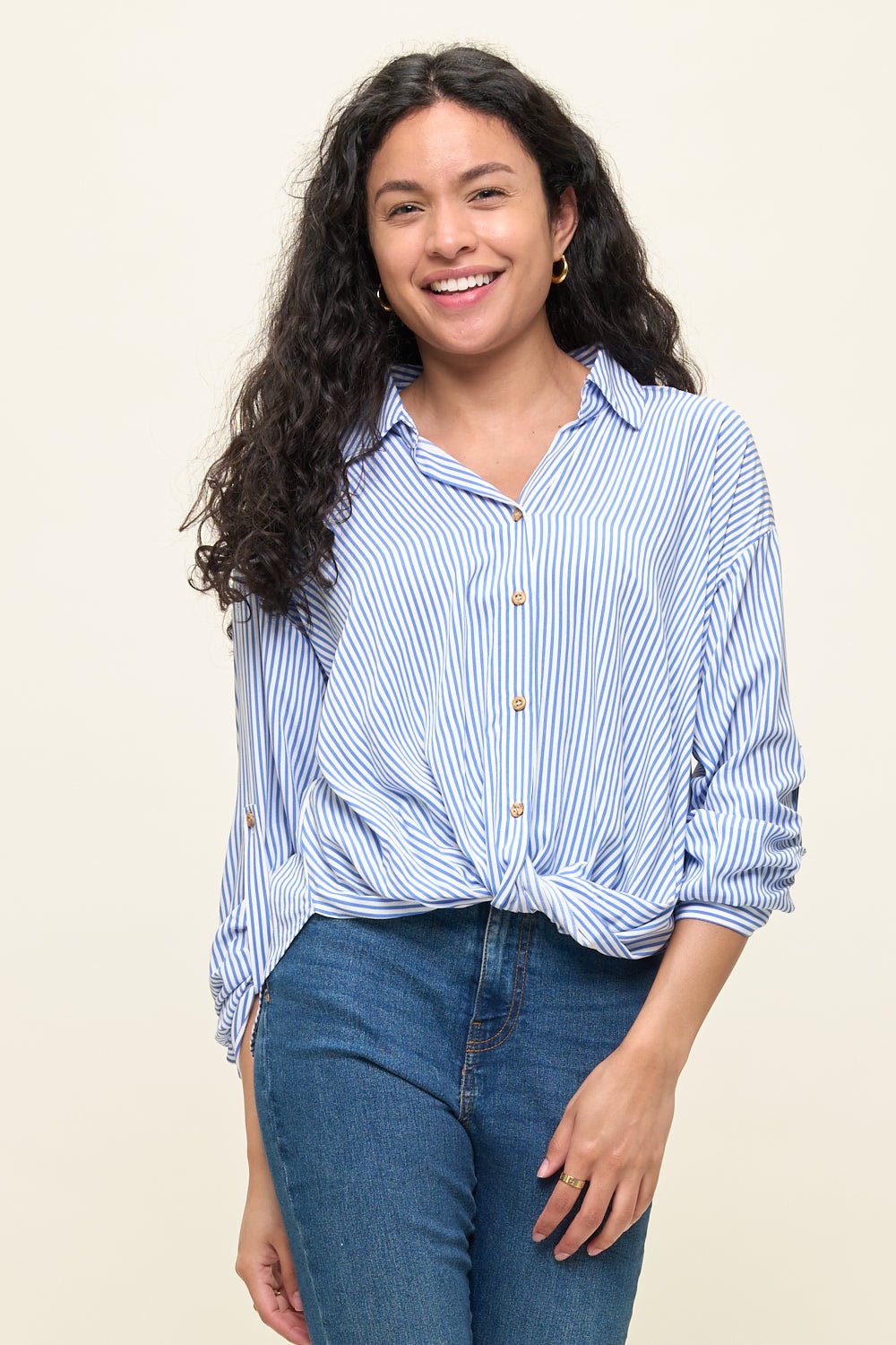 Image of West K Liora Stripe Button - Up Twist Front Shirt Blue Stripe