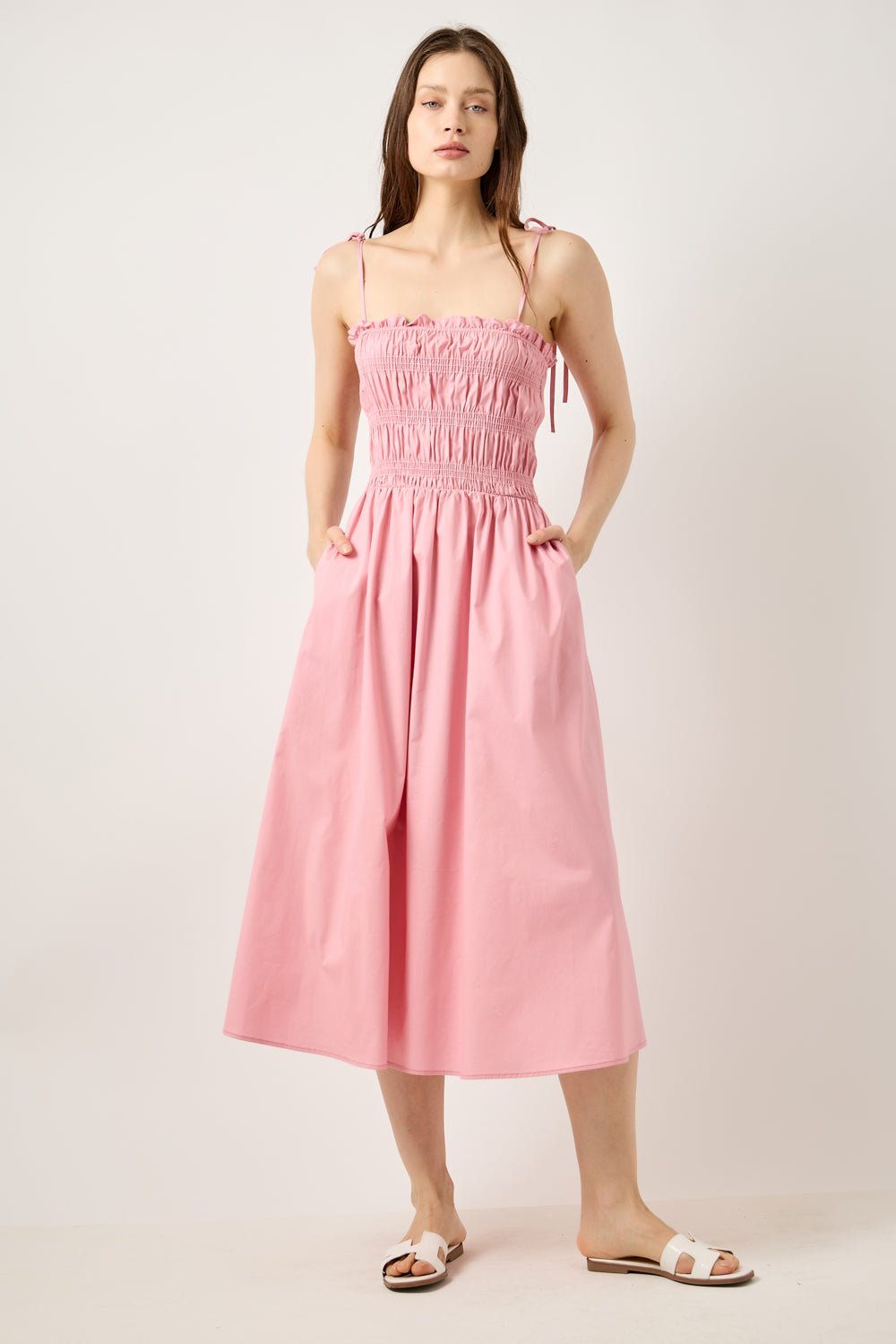 West K Womens Lorelei Smocked Tie-Strap Midi Dress - Large - Pink West K Womens Lorelei Smocked Tie-Strap Midi Dress - Large - Pink