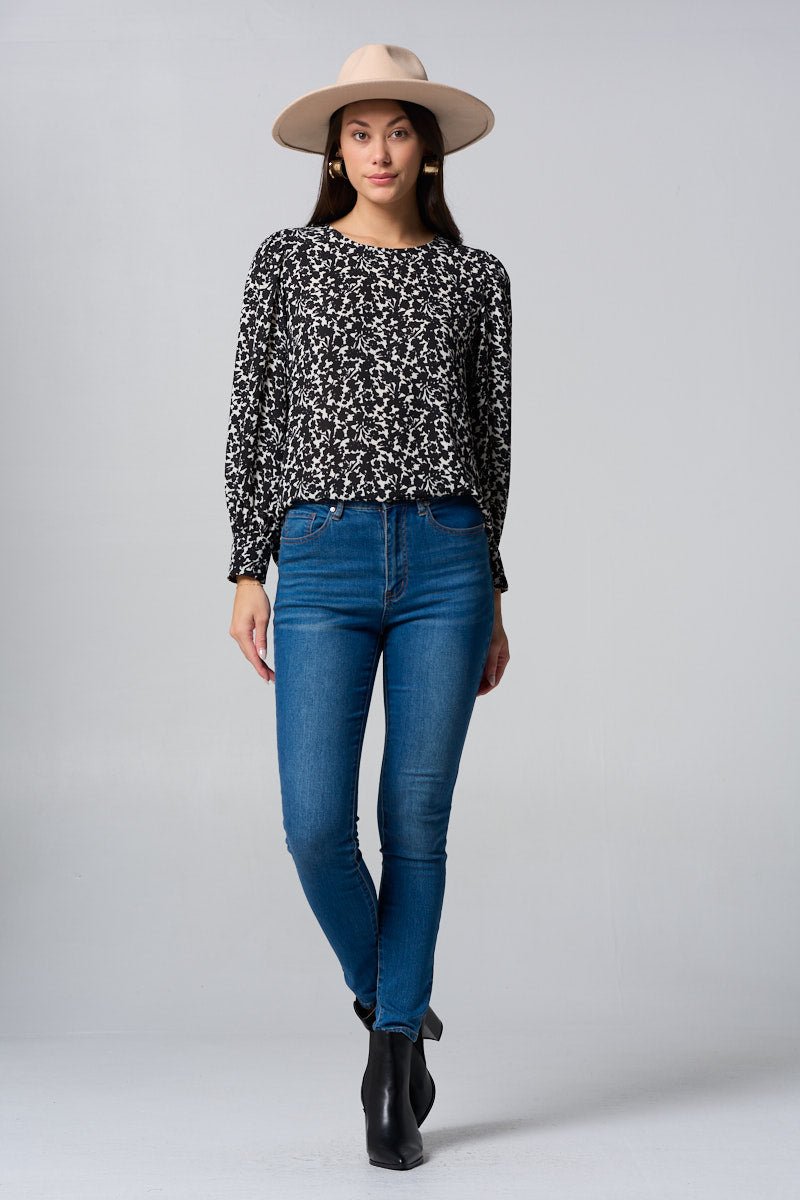 Image of West K Malaya Long Sleeve Printed Blouse with Wide Cuff Black White Floral