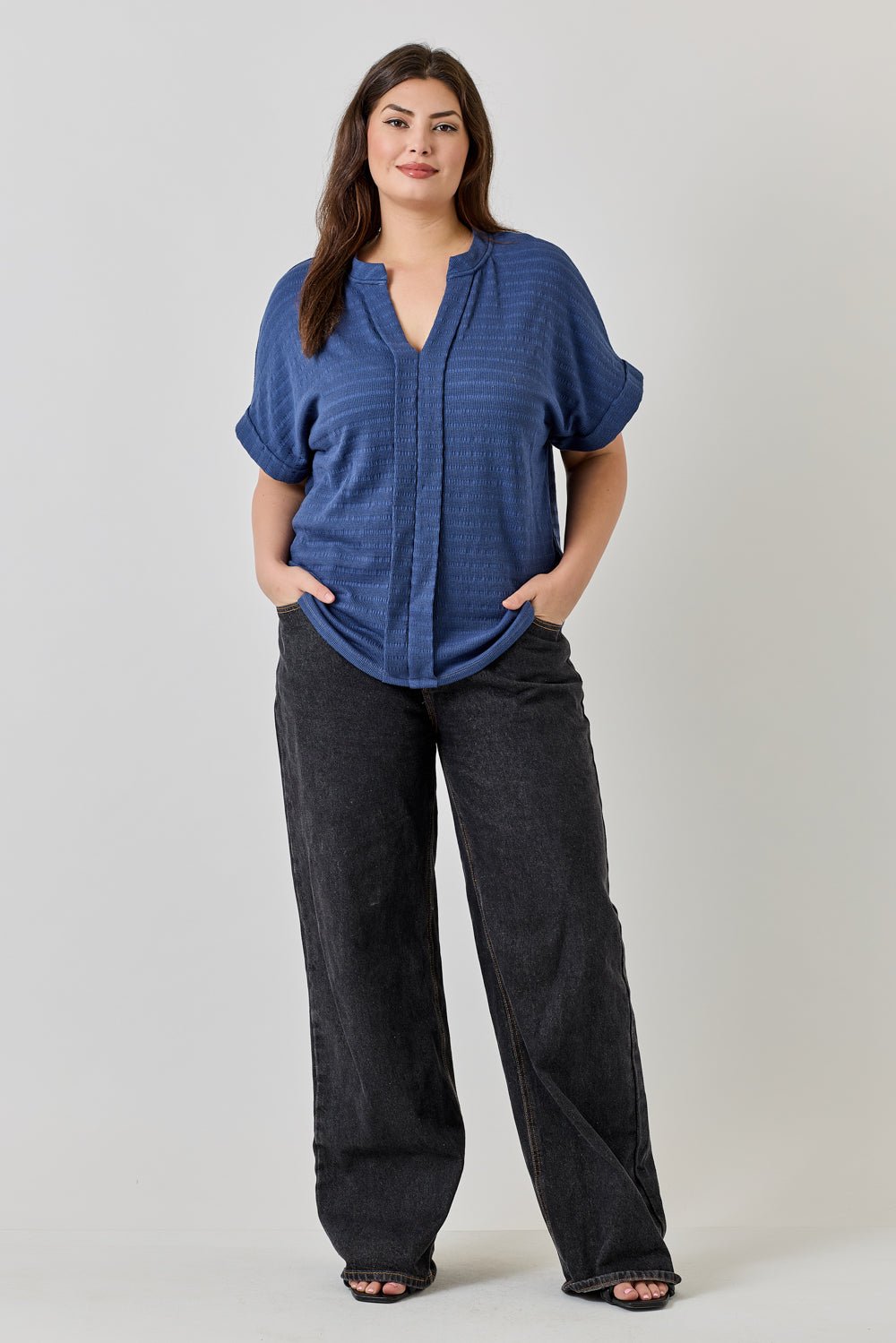 Image of West K Maribel Plus Size Smocked Knit Dolman Sleeve Blouse Washed Navy