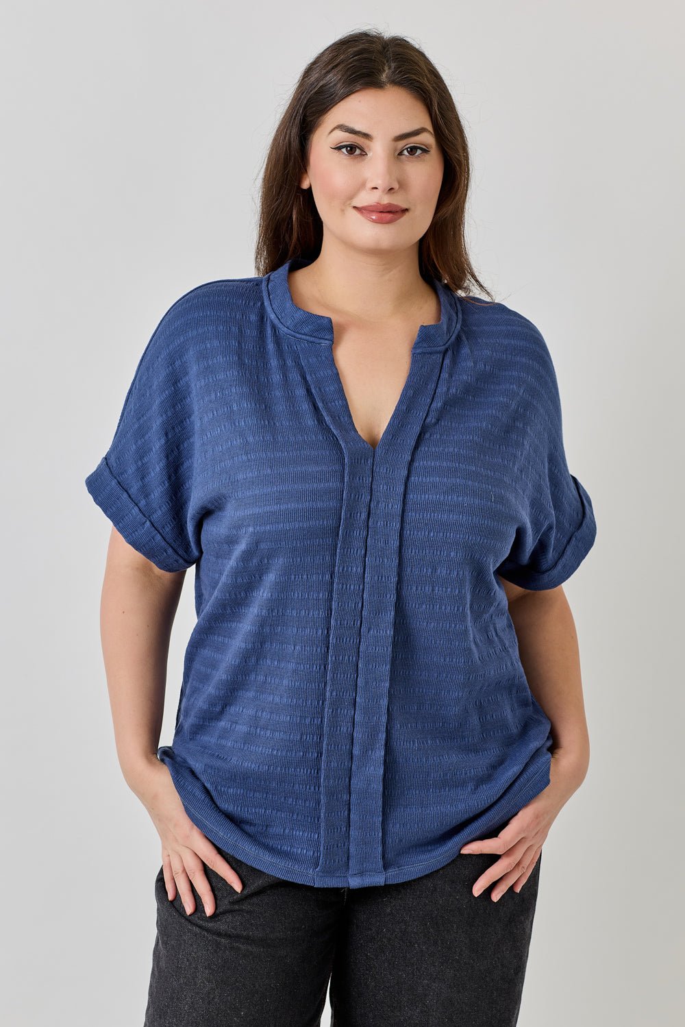 Image of West K Maribel Plus Size Smocked Knit Dolman Sleeve Blouse Washed Navy