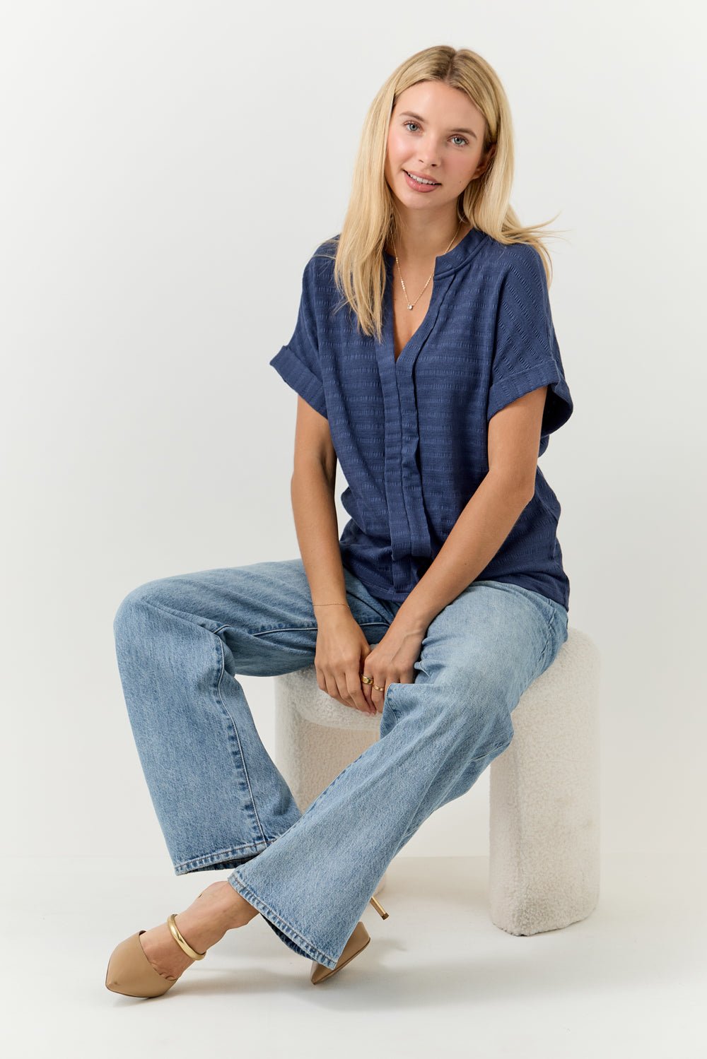 Image of West K Maribel Smocked Knit Dolman Sleeve Blouse Washed Navy