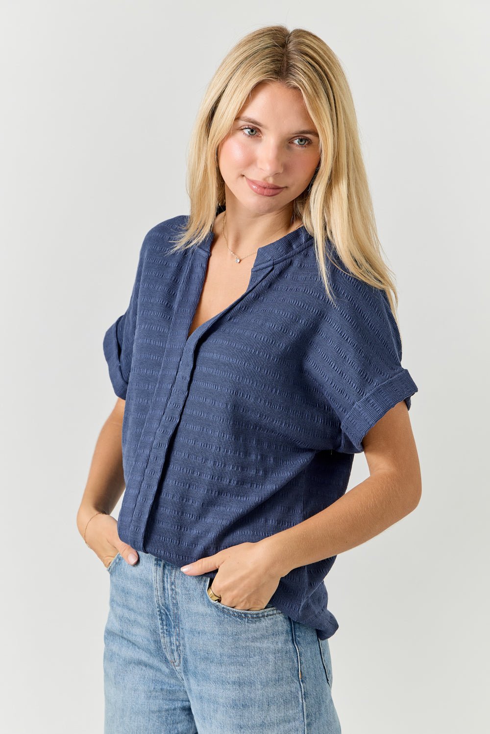 Image of West K Maribel Smocked Knit Dolman Sleeve Blouse Washed Navy