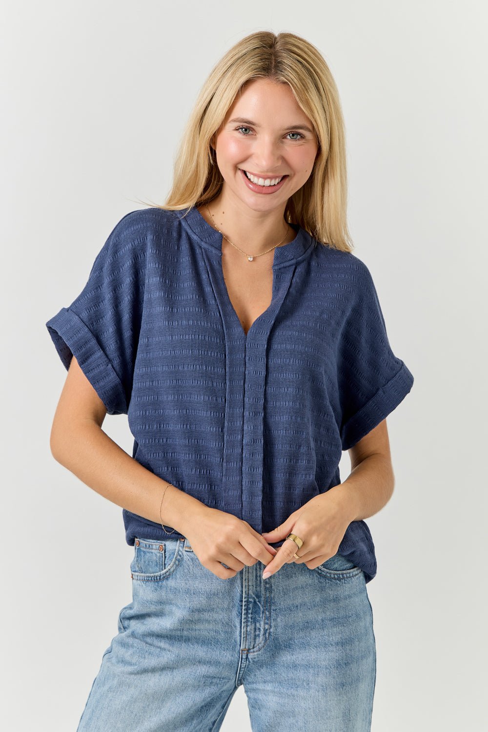 Image of West K Maribel Smocked Knit Dolman Sleeve Blouse Washed Navy