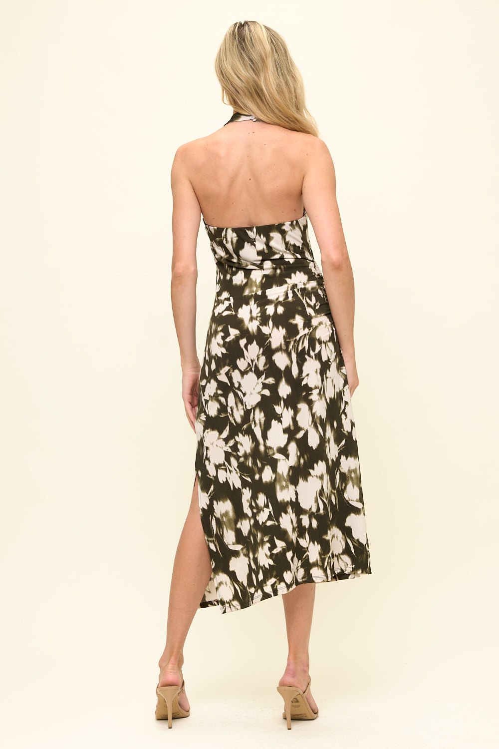 Image of West K Marisol Side Ruched Halter Midi Dress Olive Ink Floral