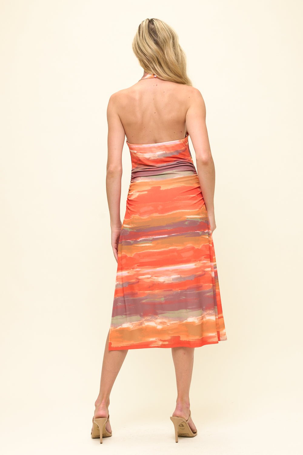 Image of West K Marisol Side Ruched Halter Midi Dress Orange Watercolor