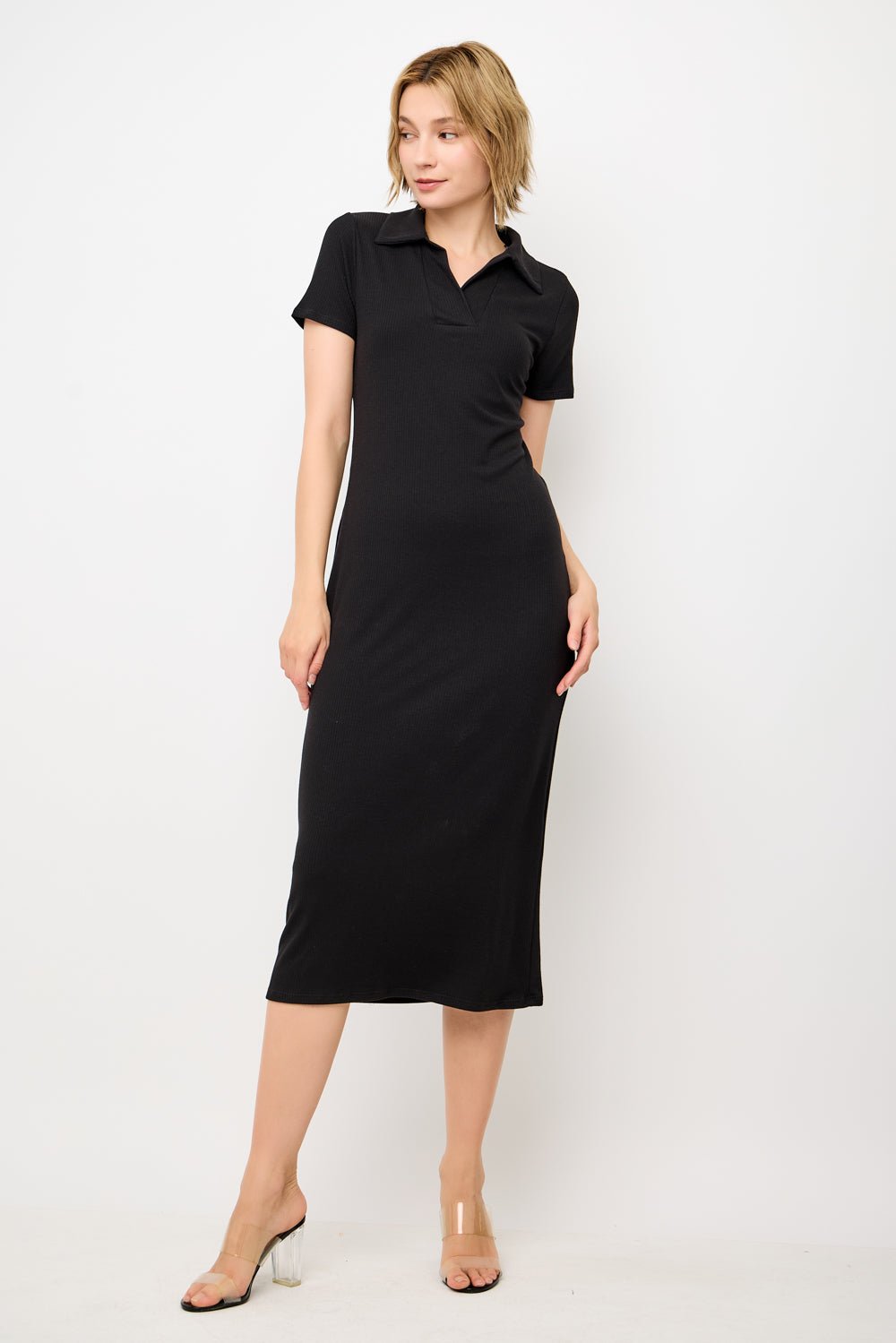 Image of West K Megan S/S Ribbed Midi Dress with Collar Black