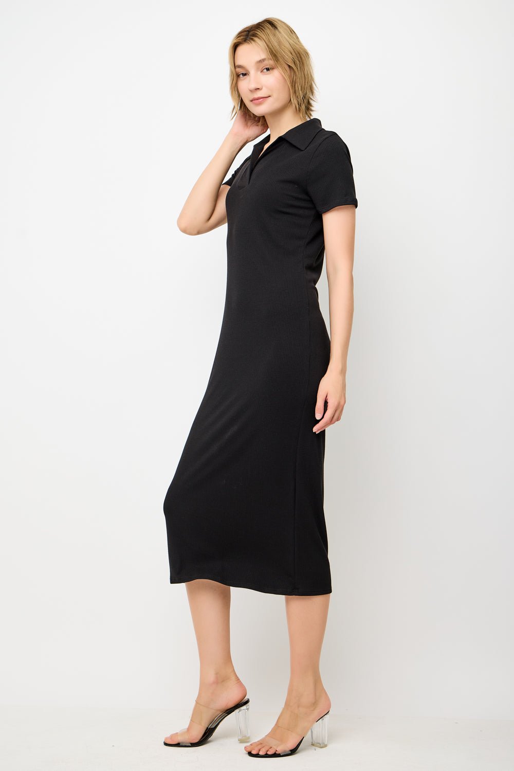 Image of West K Megan S/S Ribbed Midi Dress with Collar Black