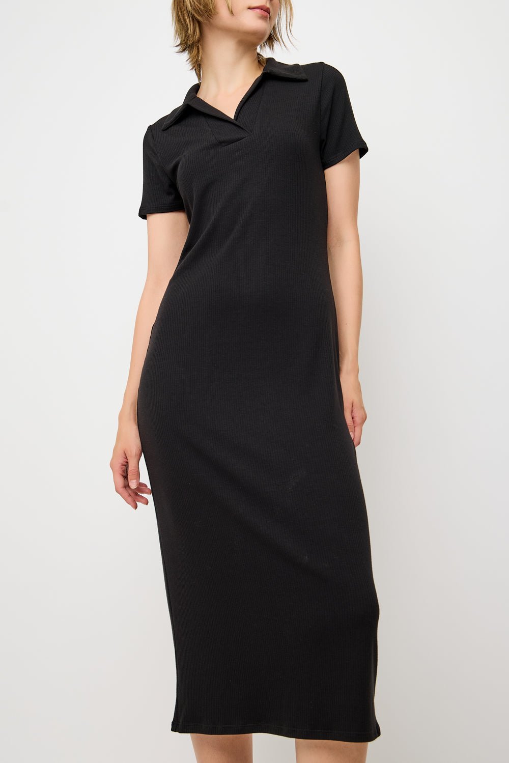 Image of West K Megan S/S Ribbed Midi Dress with Collar Black