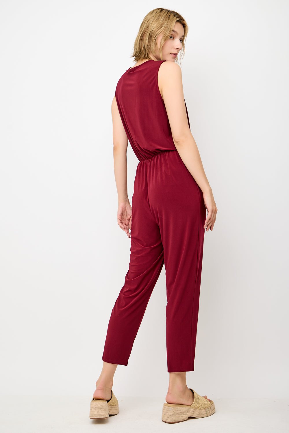 Image of West K Naima Sleeveless V - Neck Elastic Waist Jumpsuit Burgundy