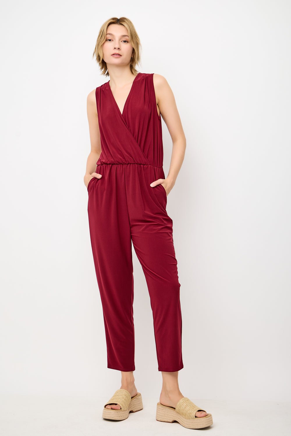 Image of West K Naima Sleeveless V - Neck Elastic Waist Jumpsuit Burgundy