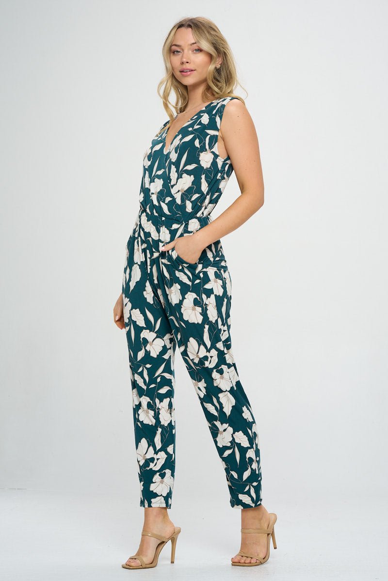 Image of West K Naima Sleeveless V - Neck Elastic Waist Jumpsuit Emerald White Floral