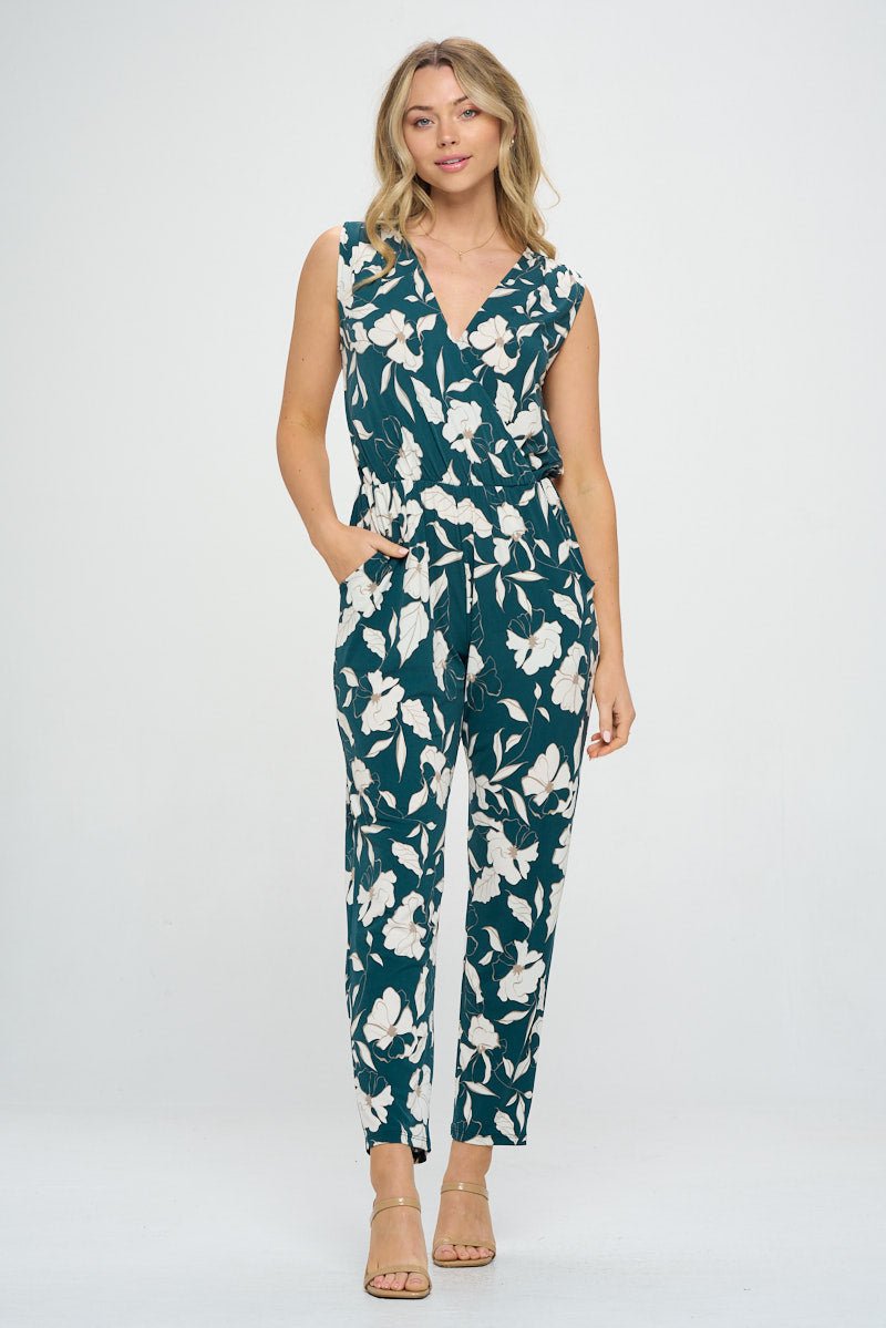 Image of West K Naima Sleeveless V - Neck Elastic Waist Jumpsuit Emerald White Floral