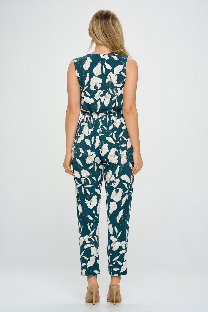 Image of West K Naima Sleeveless V - Neck Elastic Waist Jumpsuit Emerald White Floral