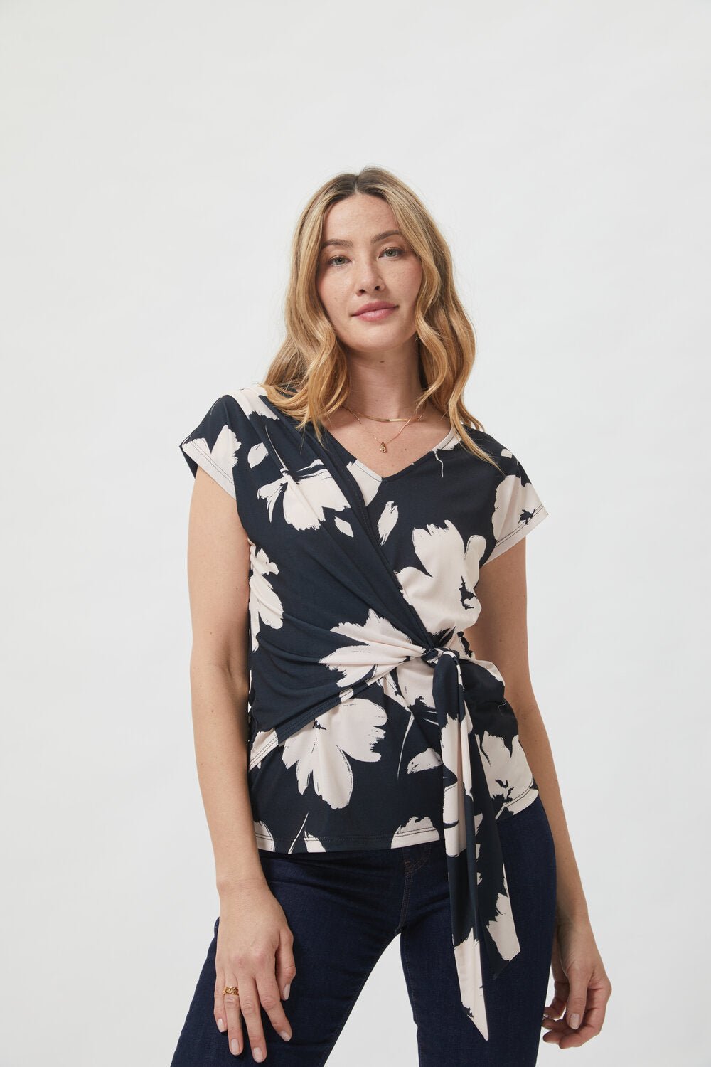Image of West K Naomi Short Sleeve Knit Wrap Top Black Tan Floral