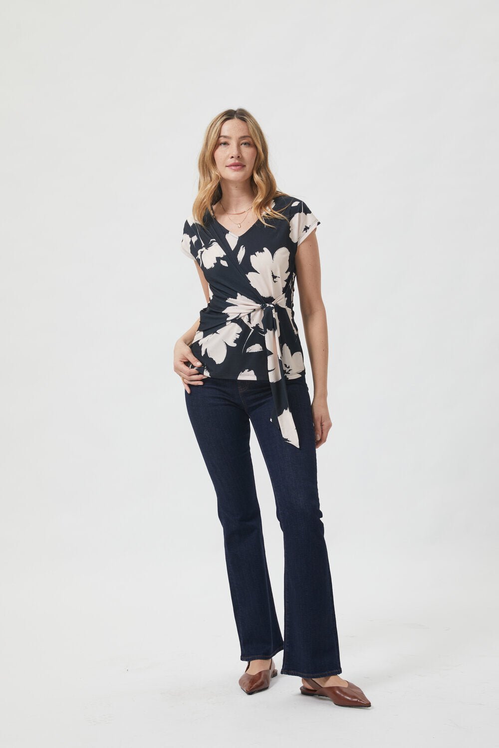 Image of West K Naomi Short Sleeve Knit Wrap Top Black Tan Floral
