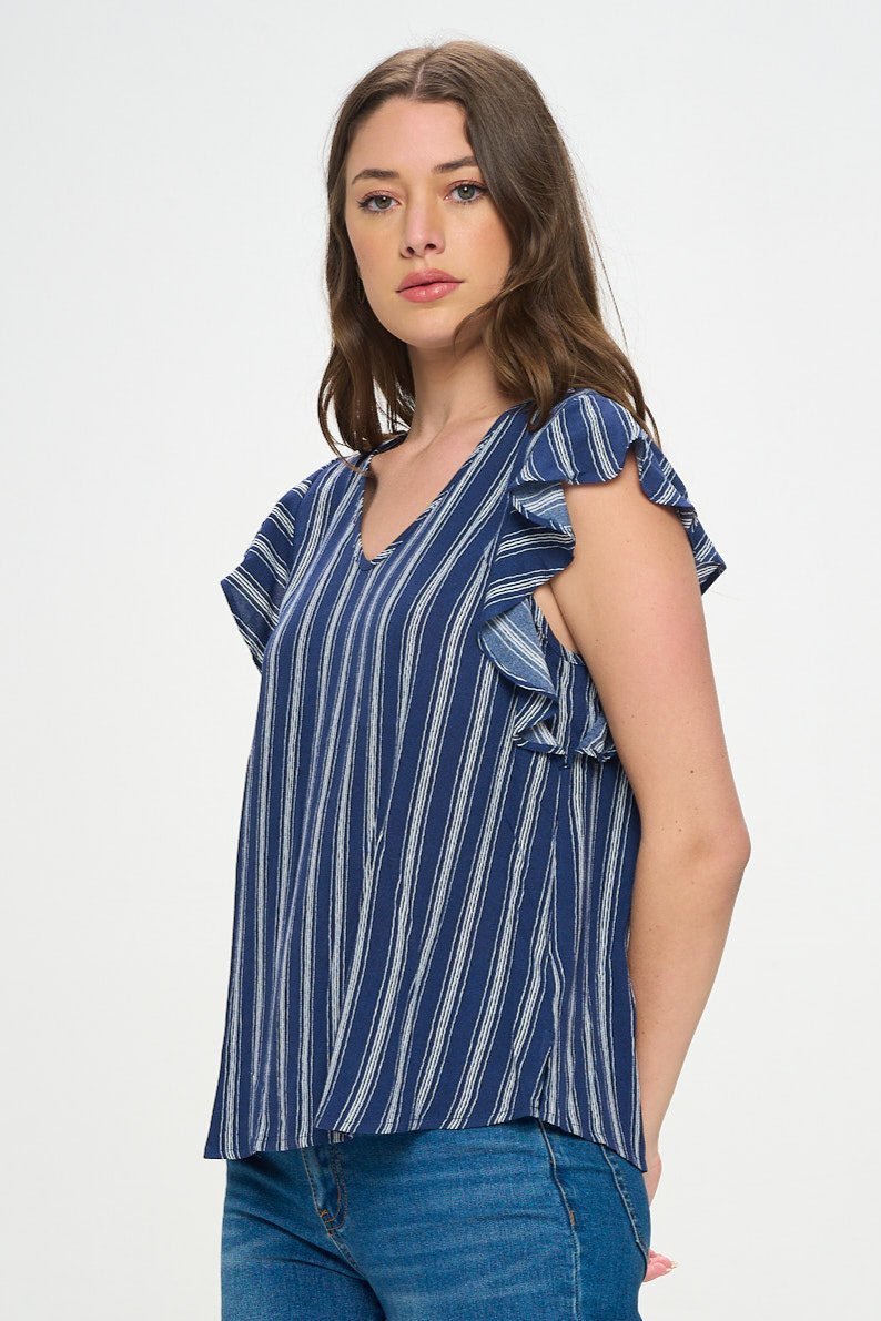 Image of West K Nicole V - neck Flutter Sleeve Top Dark Blue Stripe