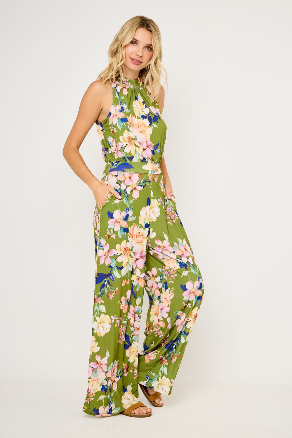 Image of West K Nina Halter Neck Jumpsuit Army Green Floral