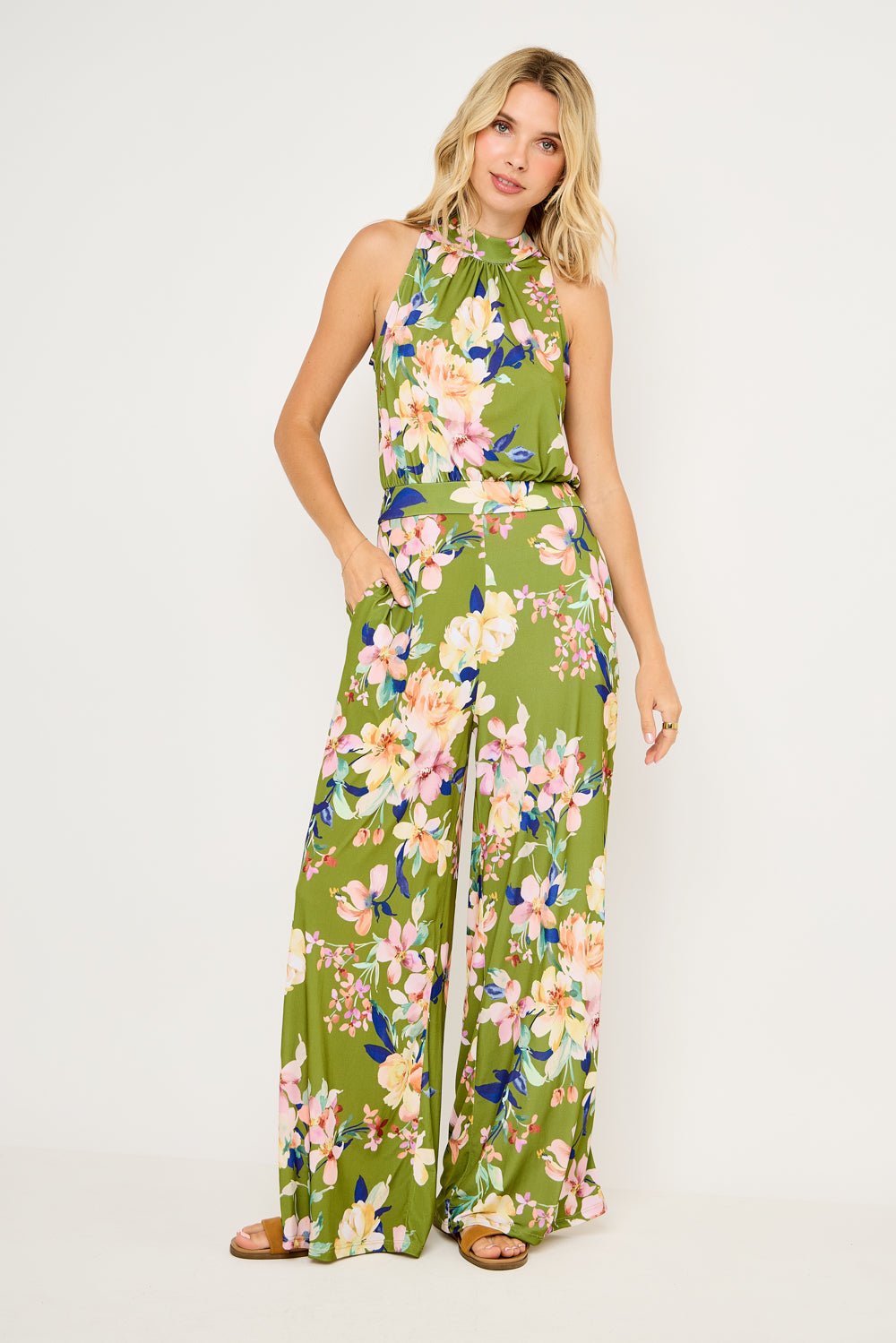 Image of West K Nina Halter Neck Jumpsuit Army Green Floral