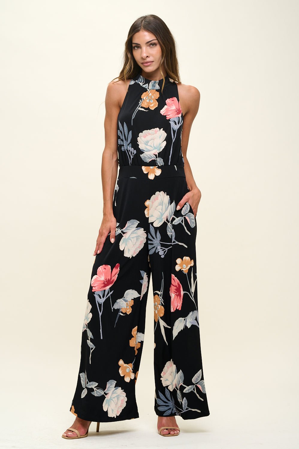 Image of West K Nina Halter Neck Jumpsuit Black Tan Floral