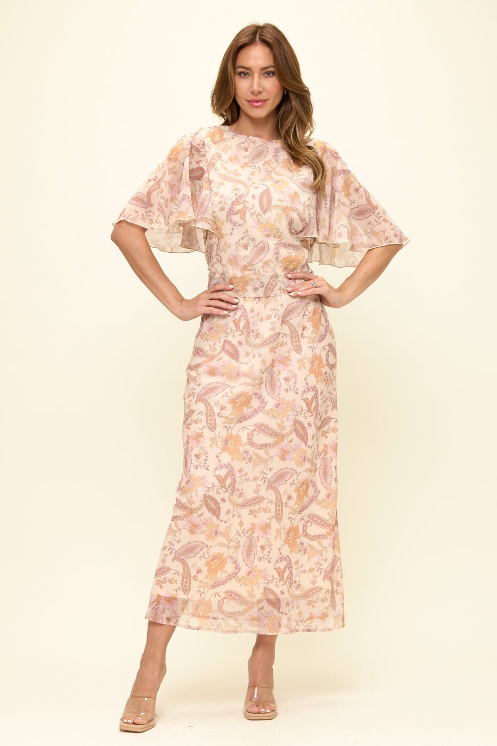 Image of West K Noemi Chiffon Tie Back Blouse with Flutter Sleeve Beige Paisley