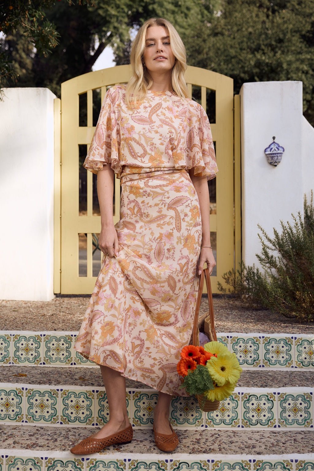 Image of West K Noemi Chiffon Tie Back Blouse with Flutter Sleeve Beige Paisley