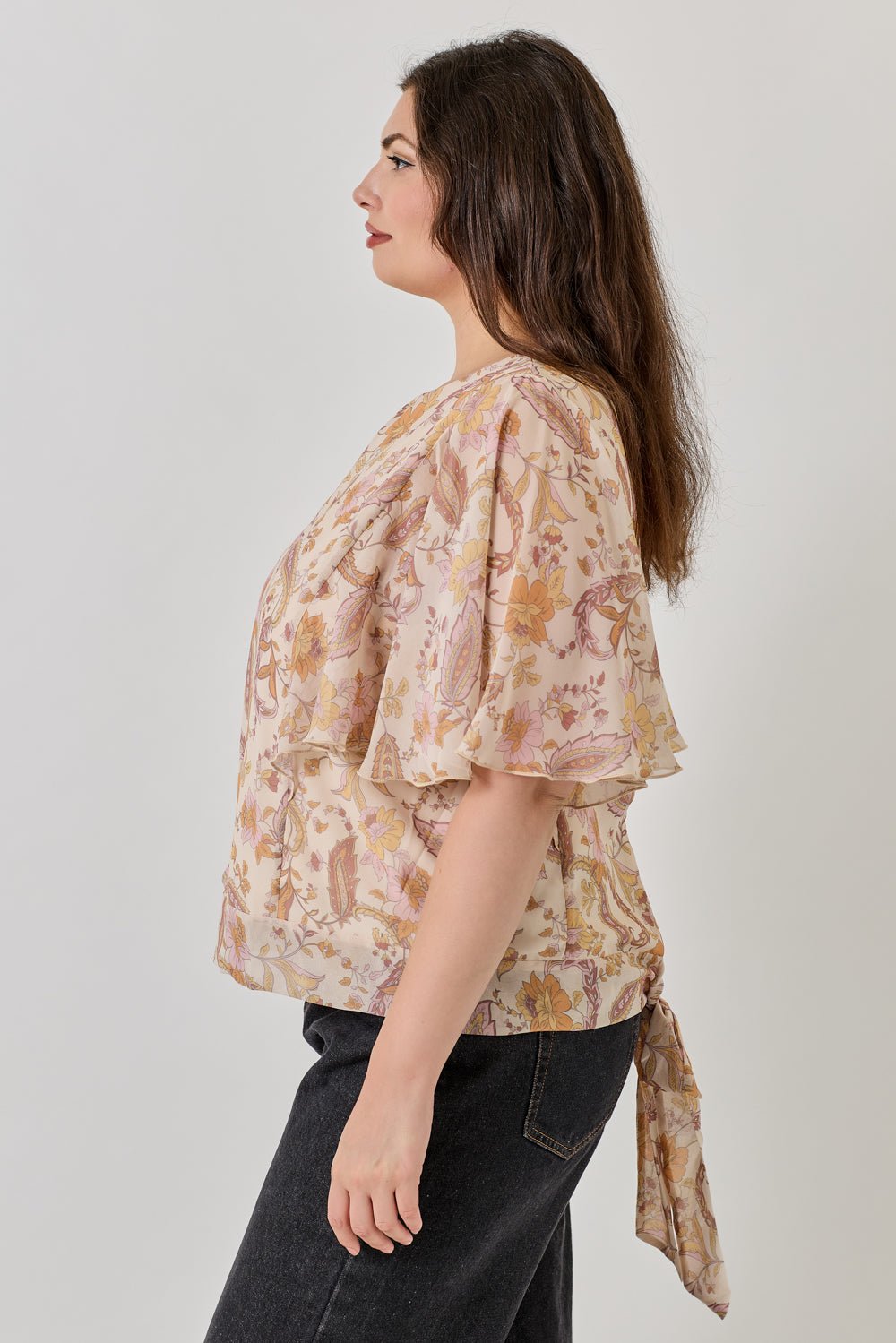 Image of West K Noemi Plus Size Chiffon Tie Back Blouse with Flutter Sleeve Beige Paisley
